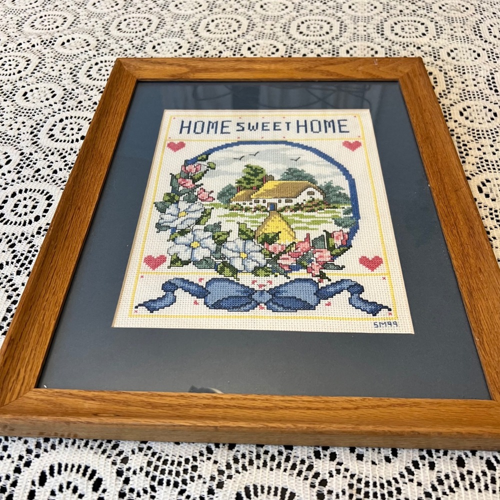 Vintage Handmade Cross-Stitch Home Sweet Home Framed Art | Cottage